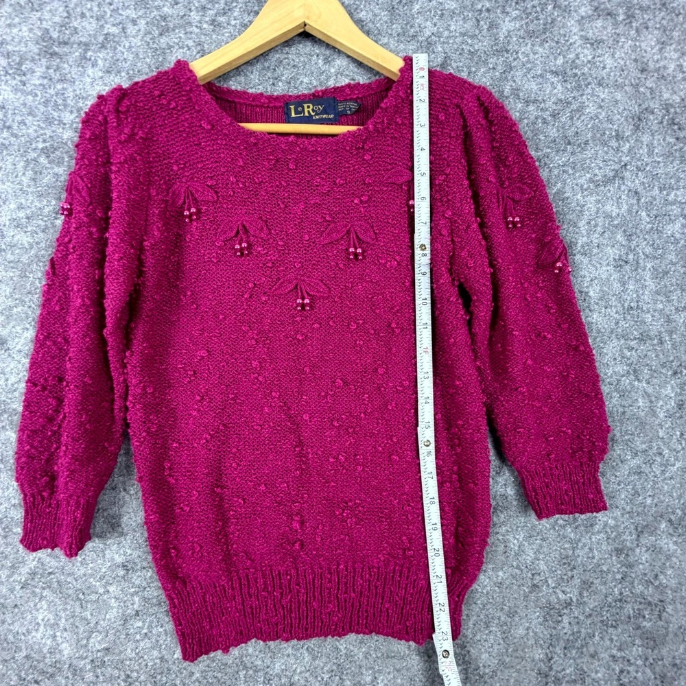 Vintage Leroy Knitwear Sweater Womens Small Pink Beaded 3D Cherries Grandma Chic - Picture 5 of 7